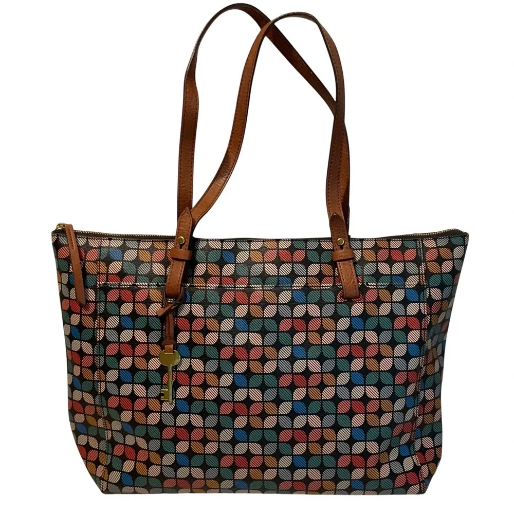 Fossil Rachel Tote Bag PVC Multicolor Fall Geometric Print Coated Canvas ZB7305